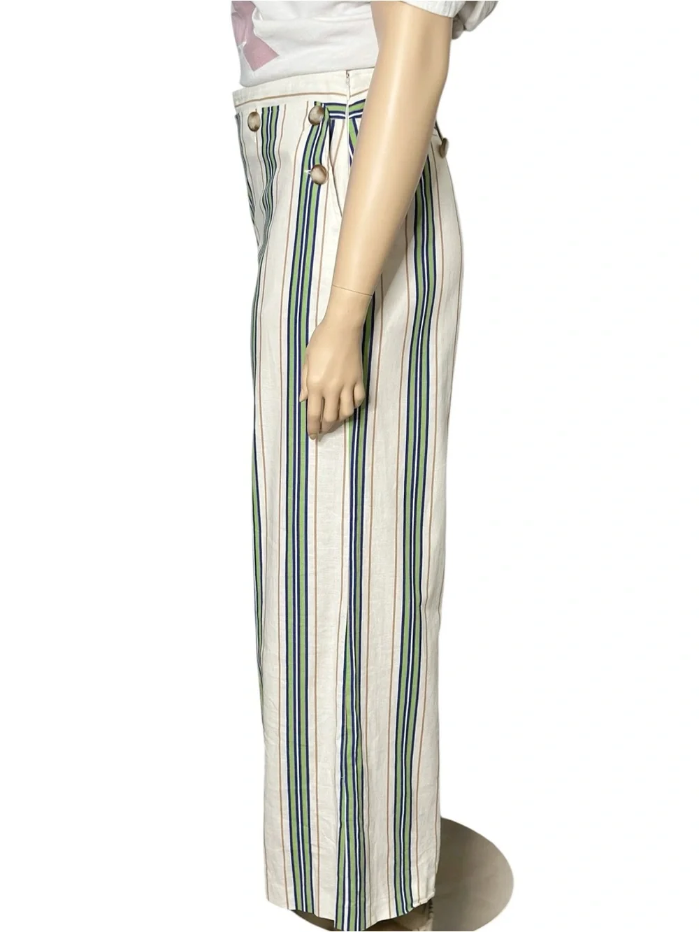 SÉZANE Clayton Linen Cotton Pants, Beige Blue Green Stripes, FR44/US12